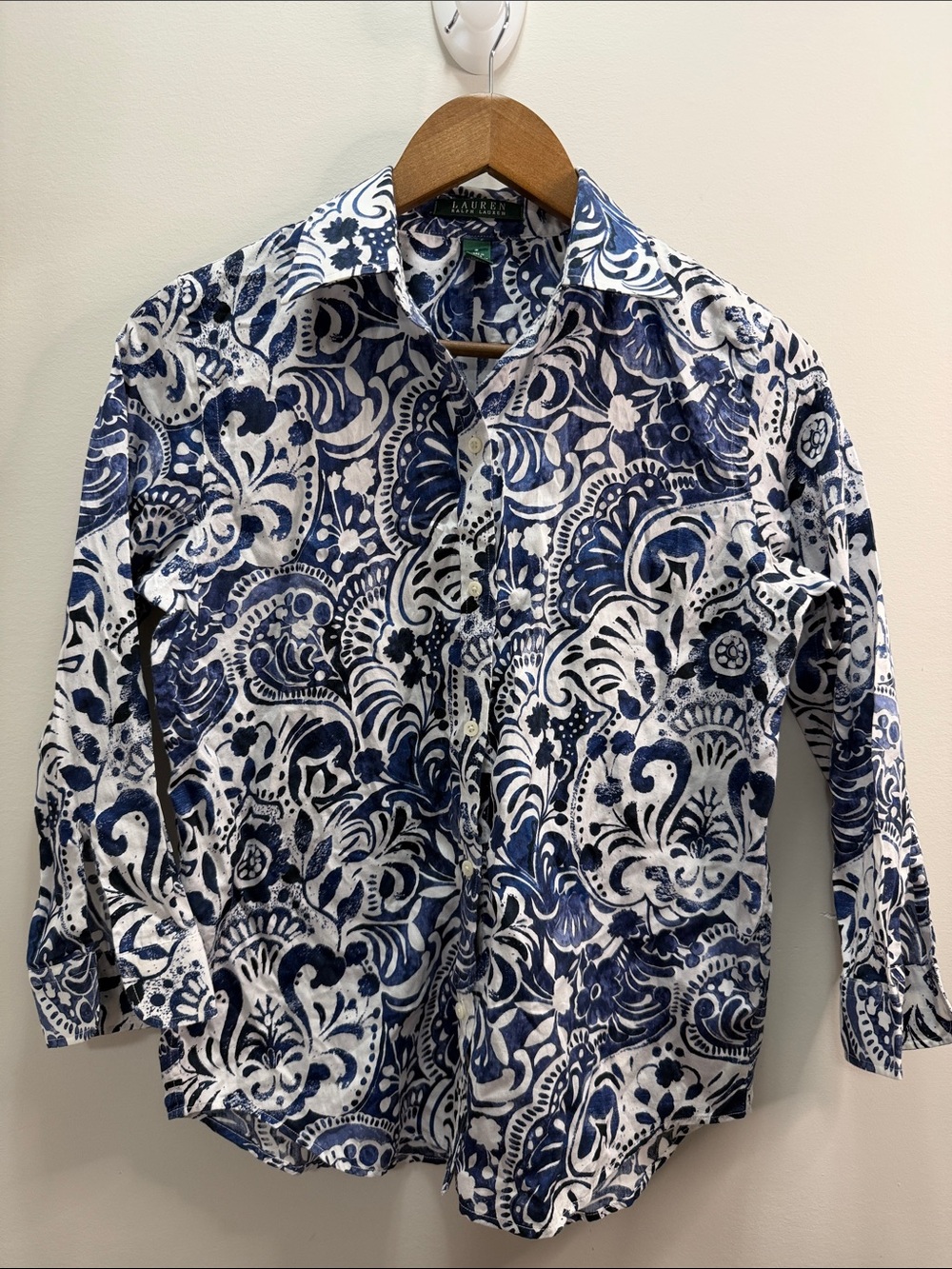Vintage Lauren Ralph Lauren Navy & White Paisley Print Button-Down Size S 25x19